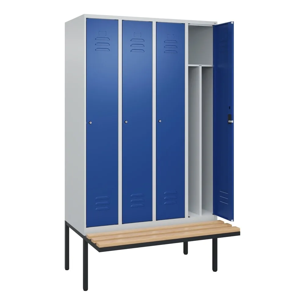 C+P Spind Classic PLUS, 4 Abteile, Trennwand, HxBxT 2.120 x 1.200 x 815 mm, Zylinderschloss, auskragende Bank aus Buche, lichtgrau, enzianblau