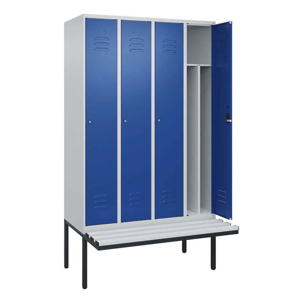 C+P Spind Classic PLUS, 4 Abteile, Trennwand, HxBxT 2.120 x 1.200 x 815 mm, Zylinderschloss, auskragende Bank aus Kunststoff, lichtgrau, enzianblau