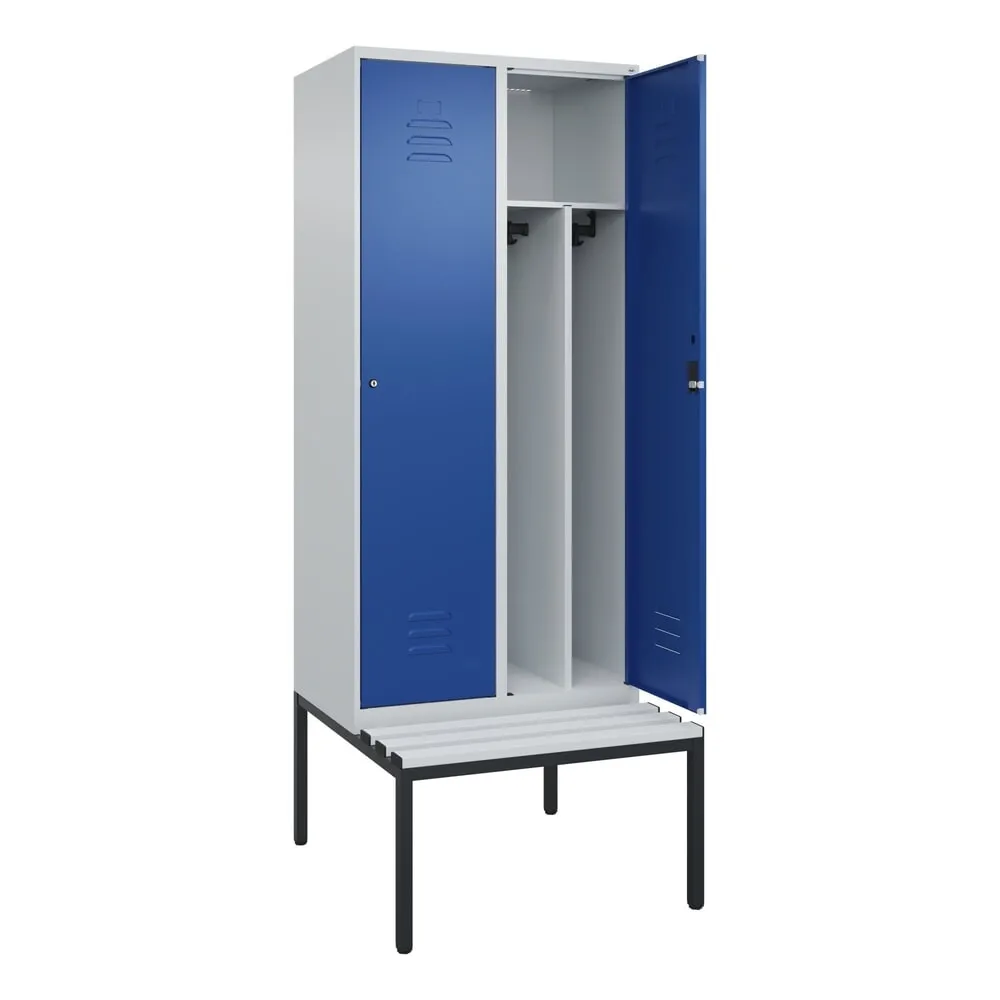 C+P Spind Classic PLUS, 2 Abteile, Trennwand, HxBxT 2.120 x 800 x 815 mm, Zylinderschloss, Trennwand, untergebaute Bank aus Kunststoff, lichtgrau, enzianblau