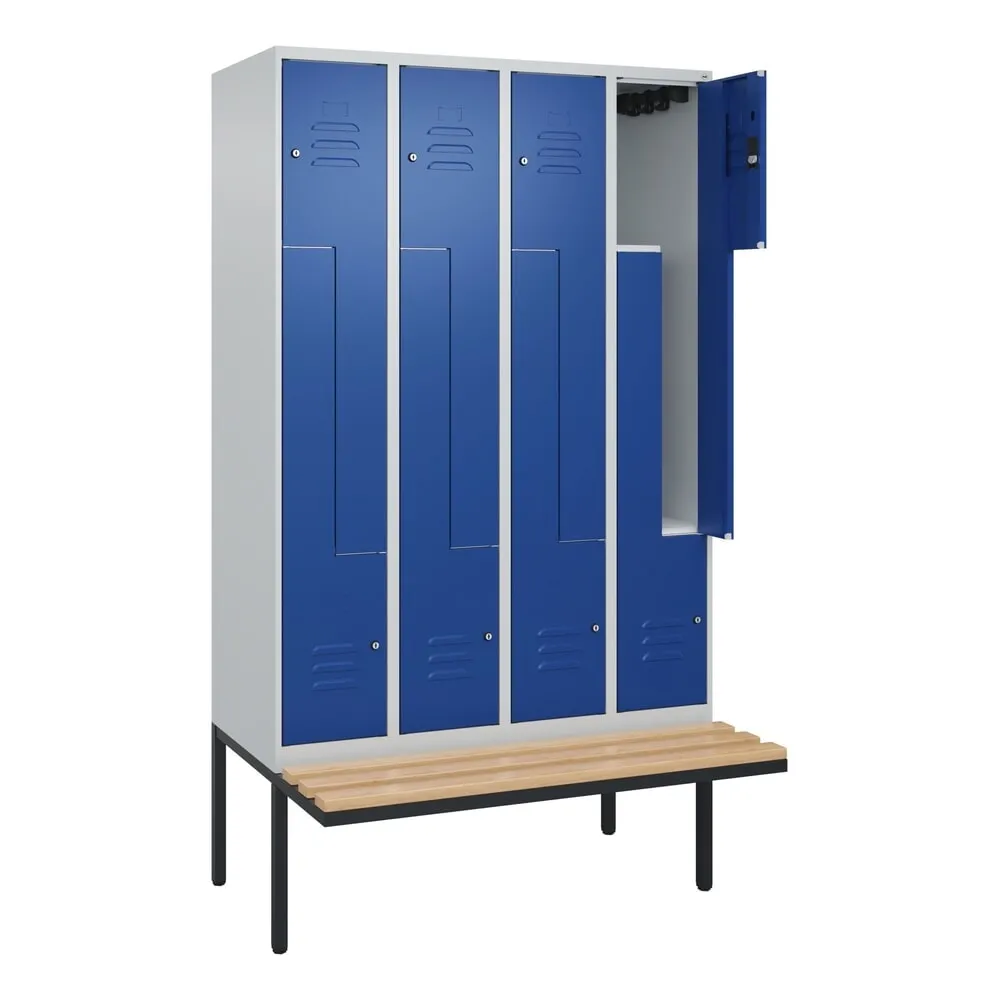 C+P Z-Spind Classic PLUS, 8 Abteile, HxBxT 2.120 x 1.200 x 815 mm, Zylinderschloss, auskragende Bank aus Buche, lichtgrau, enzianblau