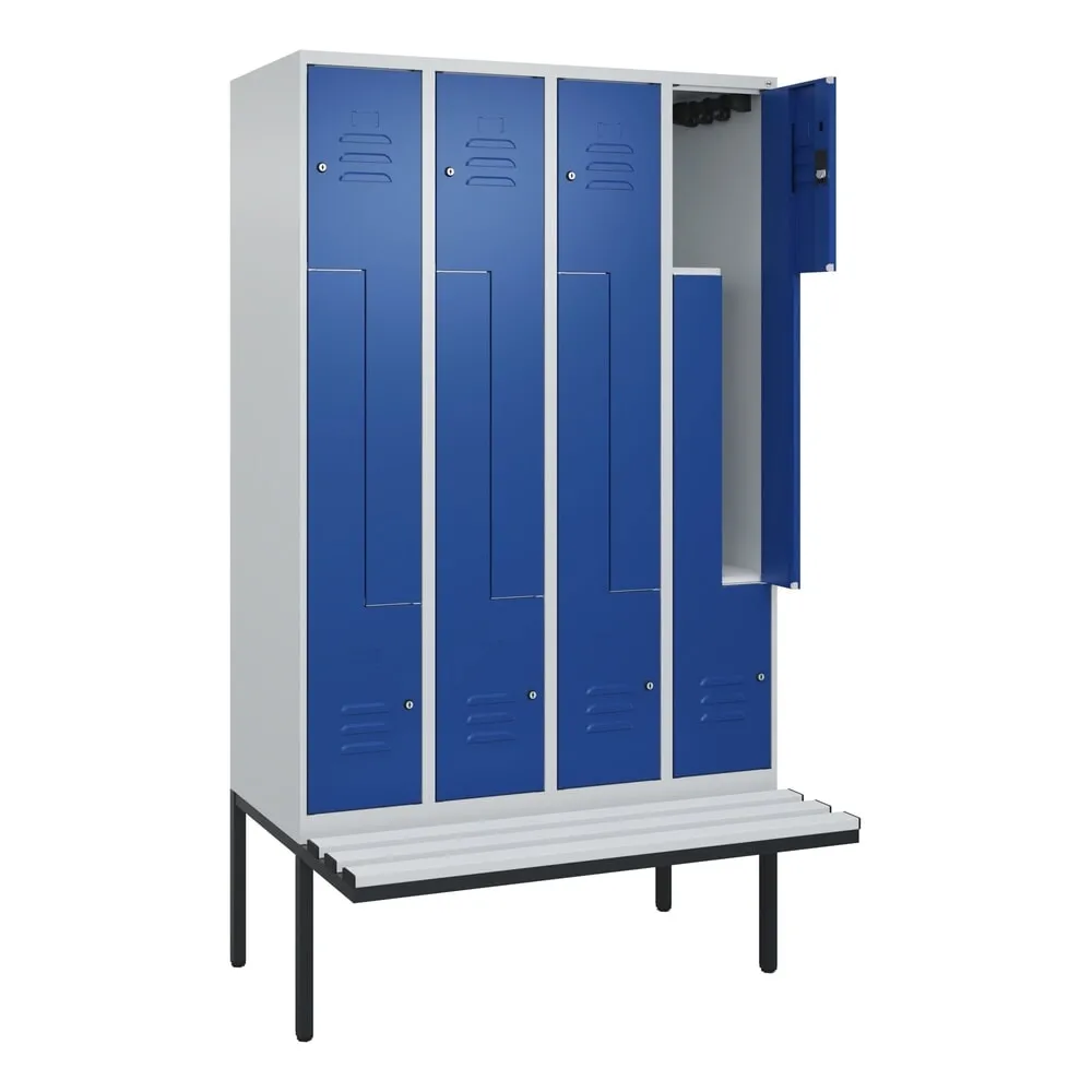 C+P Z-Spind Classic PLUS, 8 Abteile, HxBxT 2.120 x 1.200 x 815 mm, Zylinderschloss, auskragende Bank aus Kunststoff, lichtgrau, enzianblau
