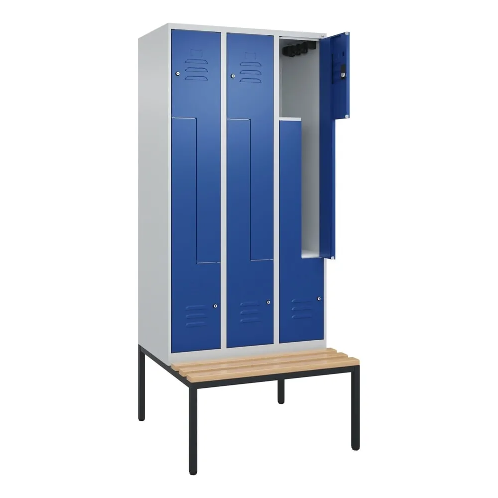 C+P Z-Spind Classic PLUS, 6 Abteile, HxBxT 2.120 x 900 x 815 mm, Zylinderschloss, untergebaute Bank aus Buche, lichtgrau, enzianblau