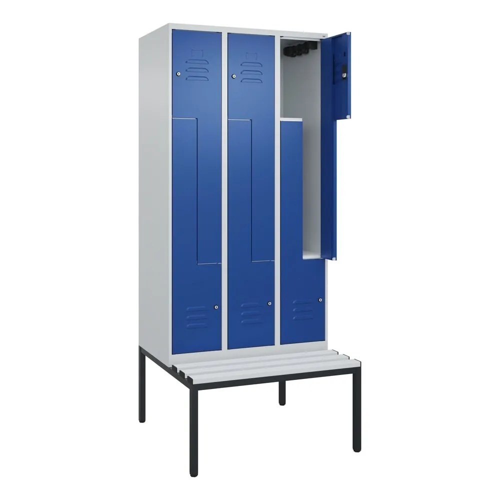 C+P Z-Spind Classic PLUS, 6 Abteile, HxBxT 2.120 x 900 x 815 mm, Zylinderschloss, untergebaute Bank aus Kunststoff, lichtgrau, enzianblau