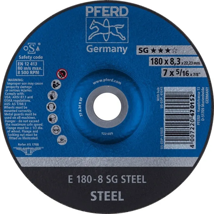 Schruppscheibe SG STEEL D180xS8,3mm gekr.STA Bohr.22,23mm PFERD VE: 10St.