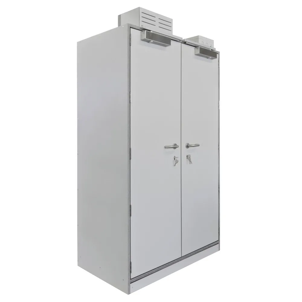 PRIORIT Akku-Sicherheitsschrank für Lithium-Ionen-Batterien PRIOLIN, 4 Gitterrostböden, Bodenwanne, Steuereinheit 400 V / AC, 2x 10 Steckdosen