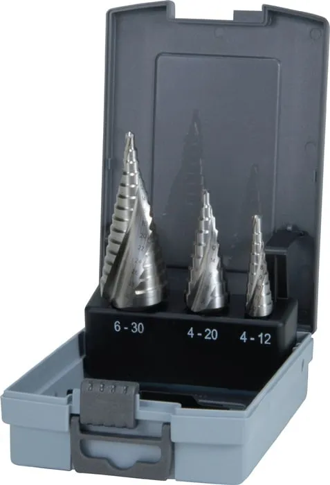 Stufenbohrersatz D.4-12/4-20/4-30mm HSS-Co5 Spiralnut 3tlg.Ku.-Kass.RUKO