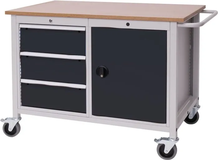 Werkbank B1250xT750xH935mm Buche Multiplex lichtgrau/grau 3 Schubl.1 Tür