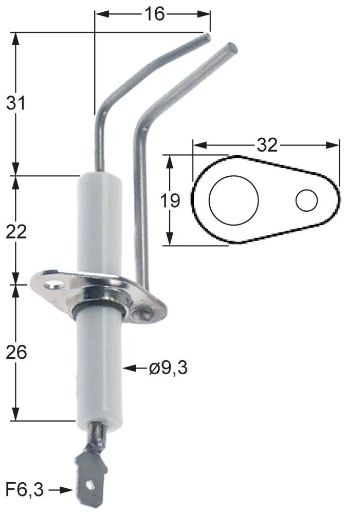 Zündelektrode für Pitco Anschluss F6,3 Flansch 32mm x 19mm L1 31mm